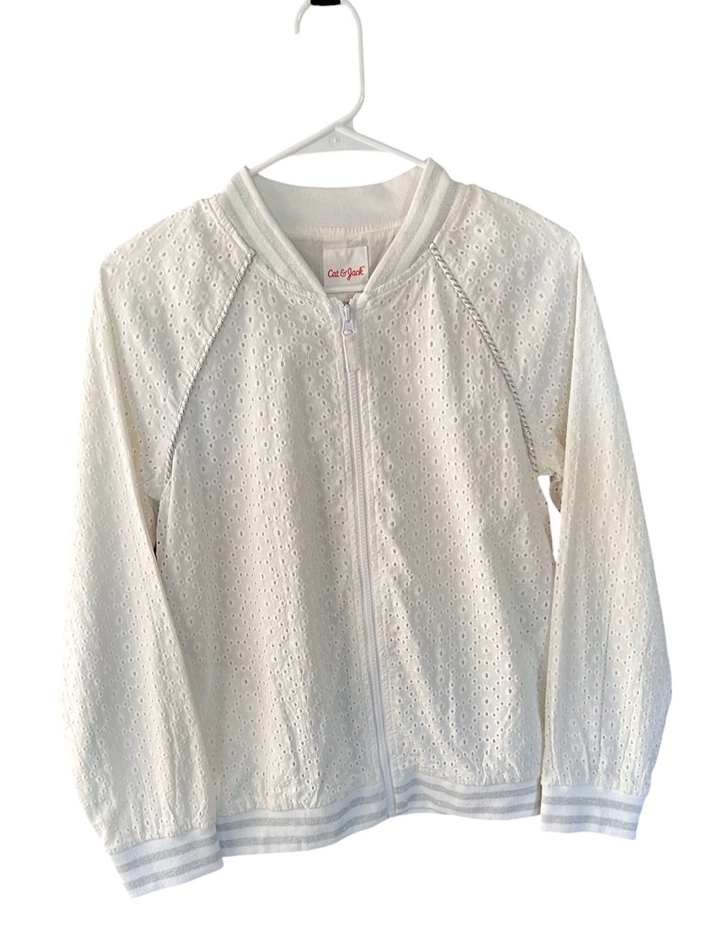 NWT Cat&Jack Eyelet Track Jacket Silver White Rib Knit Trim Zipper Size XL 14/16